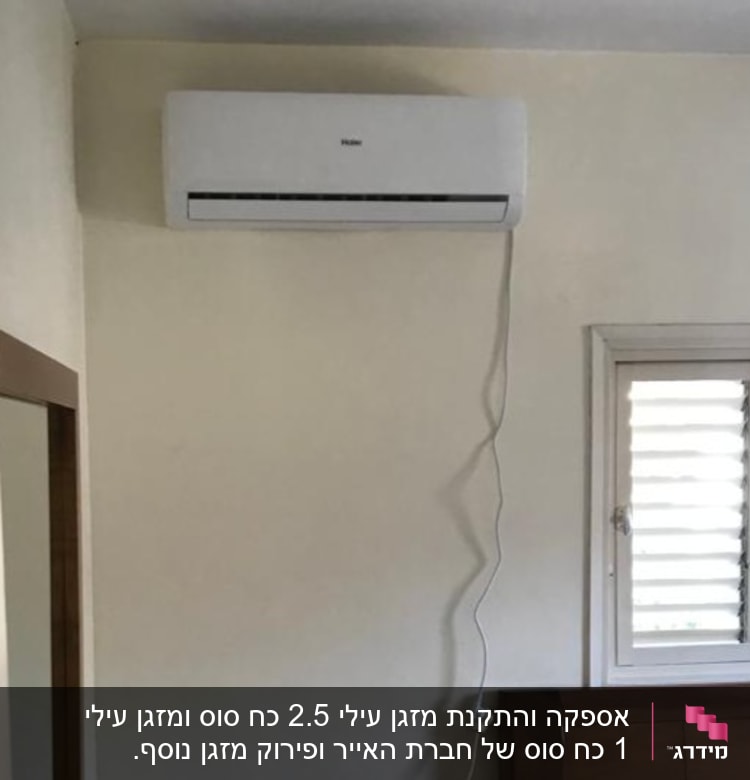 מזגן מותקן על קיר עם כבל חשמל תלוי